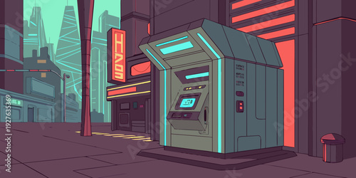 A futuristic cityscape with a glowing building and a mysterious structure in the foreground Vector