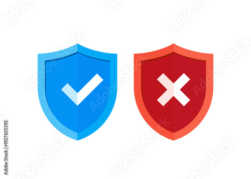 Security Shield Icons with Check and Cross Symbols stock illustration.