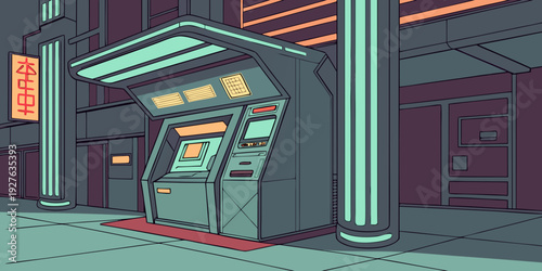 A retro-futuristic atm machine stands in a dimly lit, neon-lit alleyway. Vector
