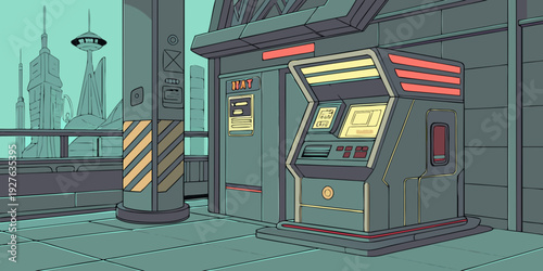 A futuristic cityscape with a prominent neon-lit atm machine in the foreground. Vector