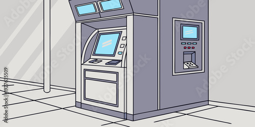 A person using an atm machine in a well-lit indoor environment with a tiled floor Vector