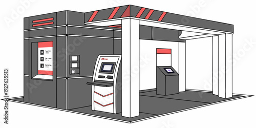A modern gas station with red and black branding and three fuel pumps. Vector