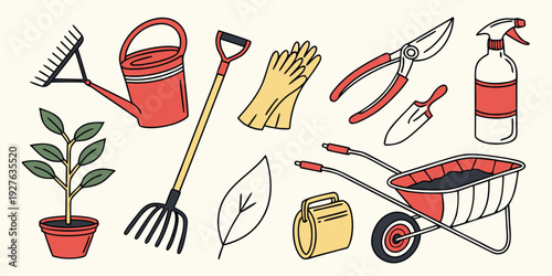 A vibrant collection of gardening tools and plants for outdoor enthusiasts. Vector