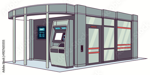 A modern bank building with an automatic teller machine and a sign on the wall Vector