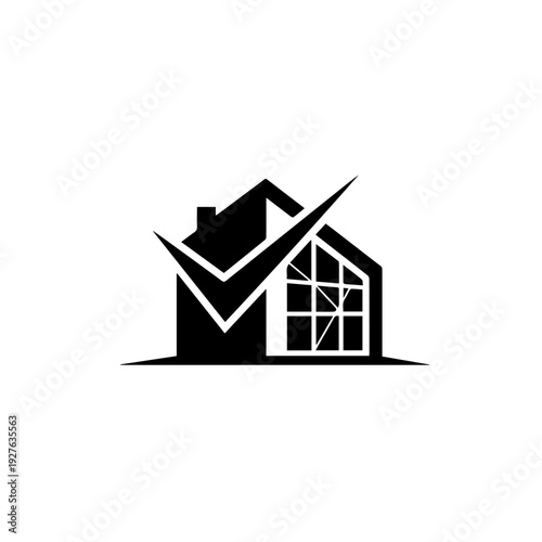 Simple black house icon with checkmark on white background, symbolizing approval or confirmation of a property, viewed from the front
