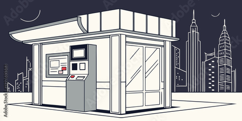 A modern, standalone atm machine situated in a snowy, urban environment. Vector