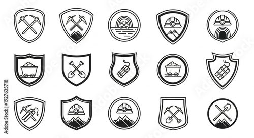 Collection of mining and industry related emblems and badges in monochrome style.