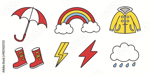 A collection of weather-related icons including rain, lightning, and sunshine. Vector