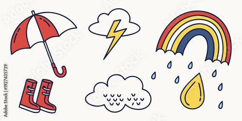Weather elements including rain, clouds, and a rainbow with an umbrella. Vector