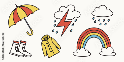 A colorful illustration of various weather elements and accessories Vector