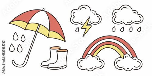 A cheerful illustration of weather elements with an umbrella, rain, and a rainbow Vector