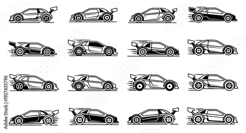 Collection of racing cars in various positions, showcasing speed and design in monochrome style.