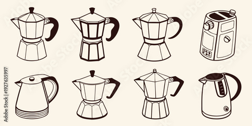 A diverse collection of mugs and cups showcasing various designs and shapes Vector