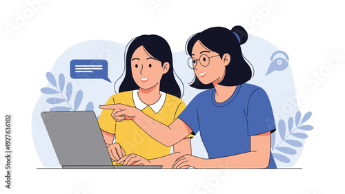 Two young women collaborate together using a laptop computer while discussing content ideas in a modern and creative home office setting.