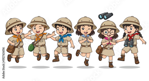 Group of happy children dressed as explorers wearing safari hats and adventure gear