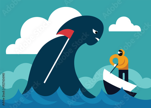 A giant dark figure with a red parasol calms stormy ocean waves while a small person rows a boat.
