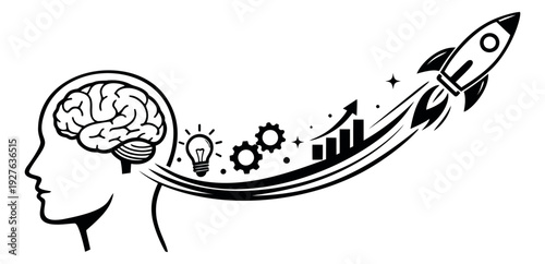 Line art illustration of a human head with brain depicting the creative process leading to business growth for innovation