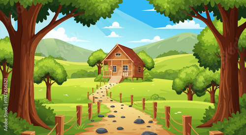 Vector illustration of peaceful cartoon cottage on grassy hill with wooden fence, rural dirt path
