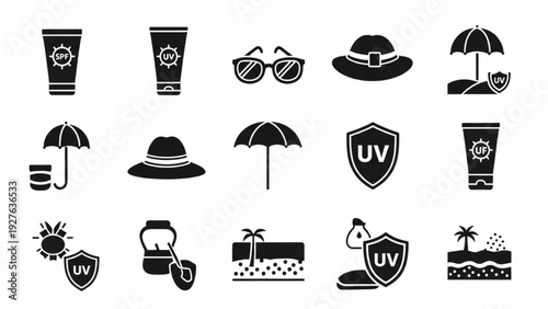 Summer Vacation Icon Sheet Featuring Sunscreen, Sunglasses, Hats, Umbrellas, and Beach Vector Elements