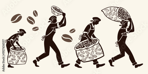 A whimsical illustration of people with animal heads carrying umbrellas and a basket. Vector