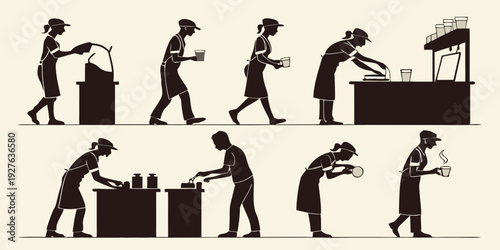 A sequence of illustrations depicting the process of a person lifting and moving a box. Vector