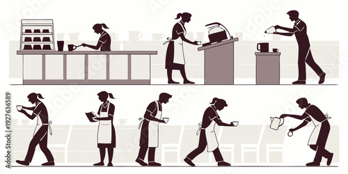 A sequence of stick figure illustrations depicting a person's daily routine Vector