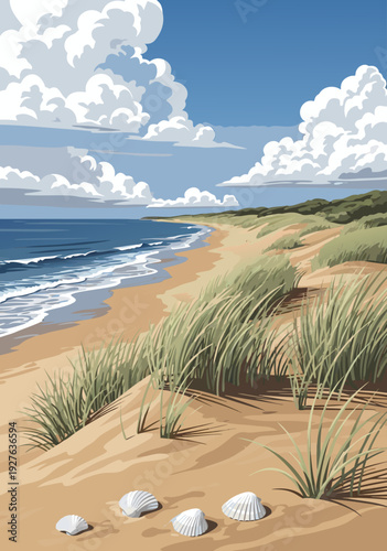 Tranquil vector illustration of sandy beach dunes with green grasses under soft sunset glow
