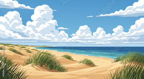 Serene vector illustration of tranquil beach dunes grass turquoise water horizon relaxation illustration