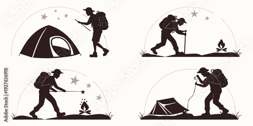 Four people camping and engaging in various outdoor activities together Vector