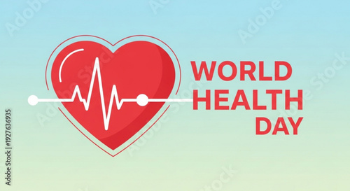 World health day logo with red heart and ecg line on gradient background