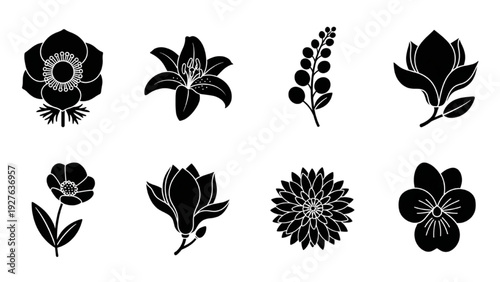 Collection of Vector Floral Icon Sheet Featuring Various Flowers and Foliage Designs