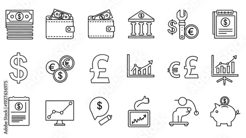 Vector Icon Sheet Displaying Various Finance and Banking Symbols from a Straight-On Viewpoint