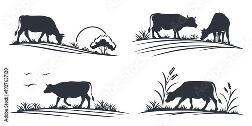 Four different types of animals grazing in a field with a tree Vector