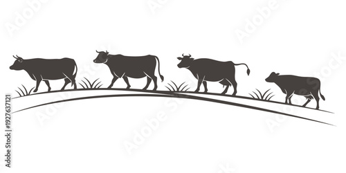 Four cows walking in a line across a curved path in a black and white illustration Vector