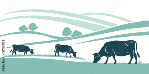 Three cows grazing in a lush green field with rolling hills and trees in the background. Vector