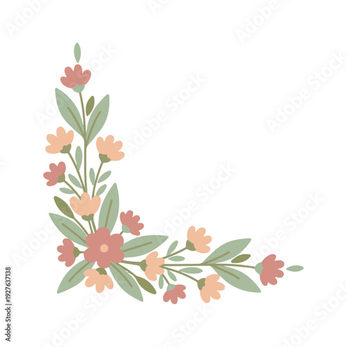 Simple floral corner border with colorful small flowers and green leaves for greeting cards.
