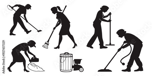 Illustrations of various cleaning activities performed by individuals Vector