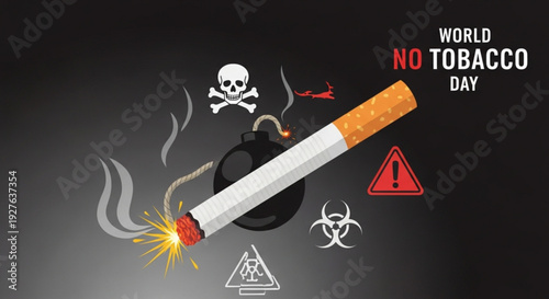 World no tobacco day poster with cigarette and warning symbols on dark background