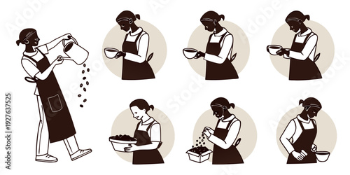 A series of illustrations depicting various activities and poses of people in different scenarios. Vector