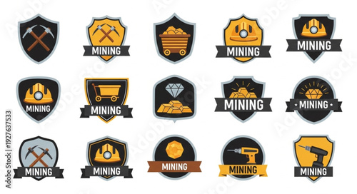 Collection of mining industry emblems and badges with various tools and equipment designs.