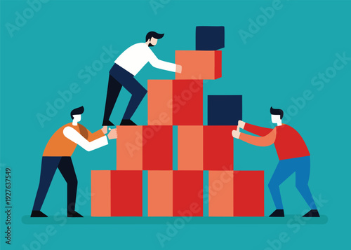 Three business professionals collaborate to construct a pyramid of red and dark blue blocks on a teal background.