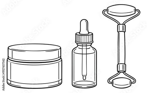 Hand drawn line art beauty products set featuring a cream jar, dropper bottle and facial roller for skincare