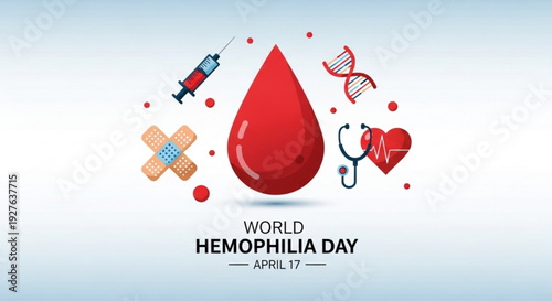 World hemophilia day awareness illustration with blood drop syringe band aid dna heart and stethoscope