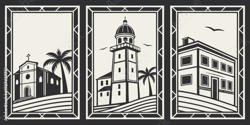 Historic buildings showcasing diverse architectural styles and cultural heritage. Vector