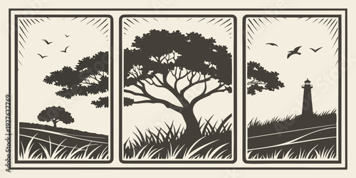 A serene landscape showcasing a tree, a mountain, and a body of water under a clear sky. Vector