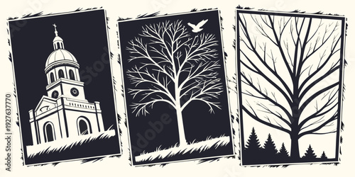 A serene church surrounded by tall trees in a peaceful forest setting. Vector