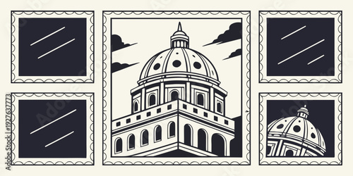 Historic building with intricate architectural details and surrounding structures Vector