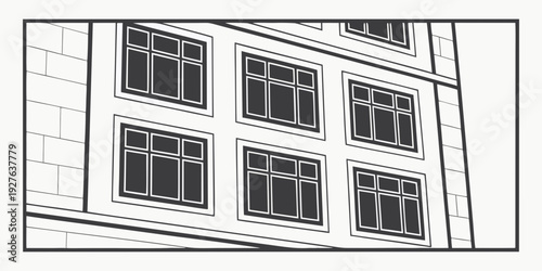 A detailed architectural drawing of a building with multiple windows and structural elements Vector