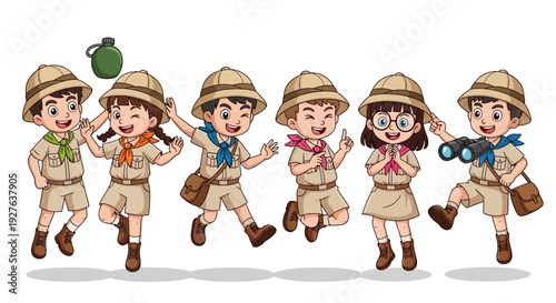 Group of happy children dressed in scout or safari explorer uniforms with pith helmets and gear
