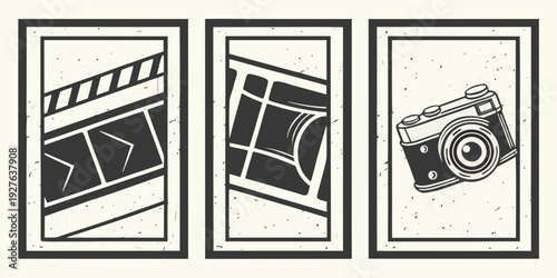 Three vintage cameras displayed on a white surface, showcasing their unique designs and features. Vector